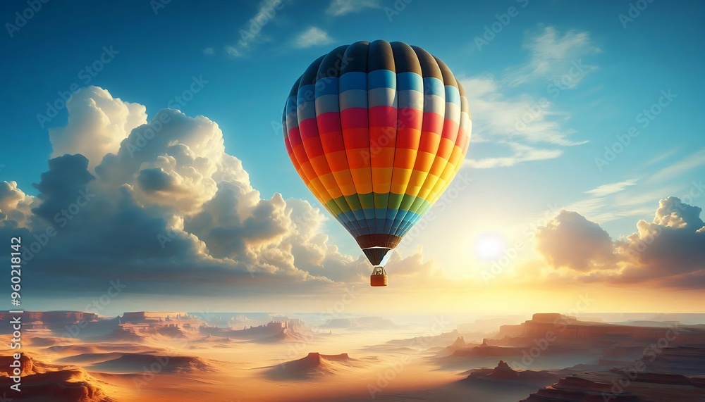 Hot air balloon floating over a vast desert landscape at sunrise with dramatic clouds
Hot air balloon floating over a vast desert landscape at sunrise with dramatic clouds
