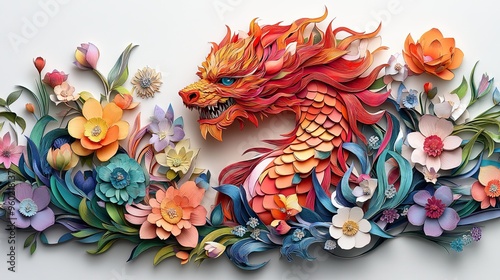 4. An intricate 3D paper cut art scene featuring a chimera, with randomly colored scales and fur, surrounded by blooming flowers in a vibrant array of colors. The detailed creature stands out against