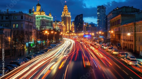 A busy Moscow street at night with illuminated buildings and traffic light trails.