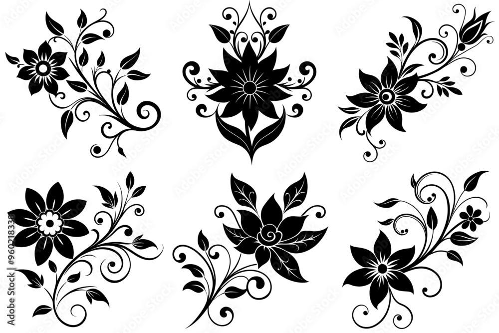A set of black floral calligraphic element silhouettes A set of black floral calligraphic element silhouettes
