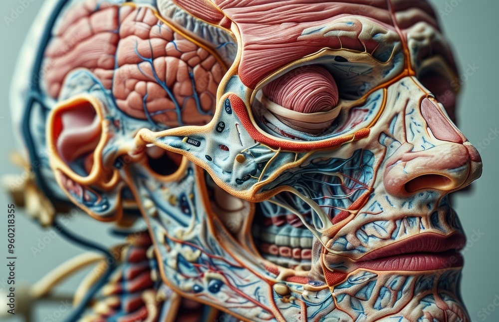 Fototapeta premium Close-up view of a detailed model of a human head showcasing facial features.