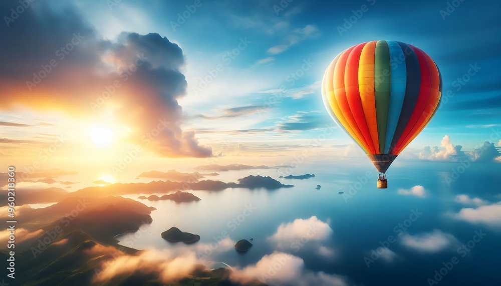 Fototapeta premium Hot air balloon soaring above a beautiful archipelago at sunrise with clouds and islands below 