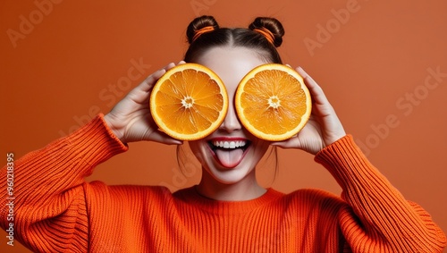 a woman is covering her eyes with two orange slices.