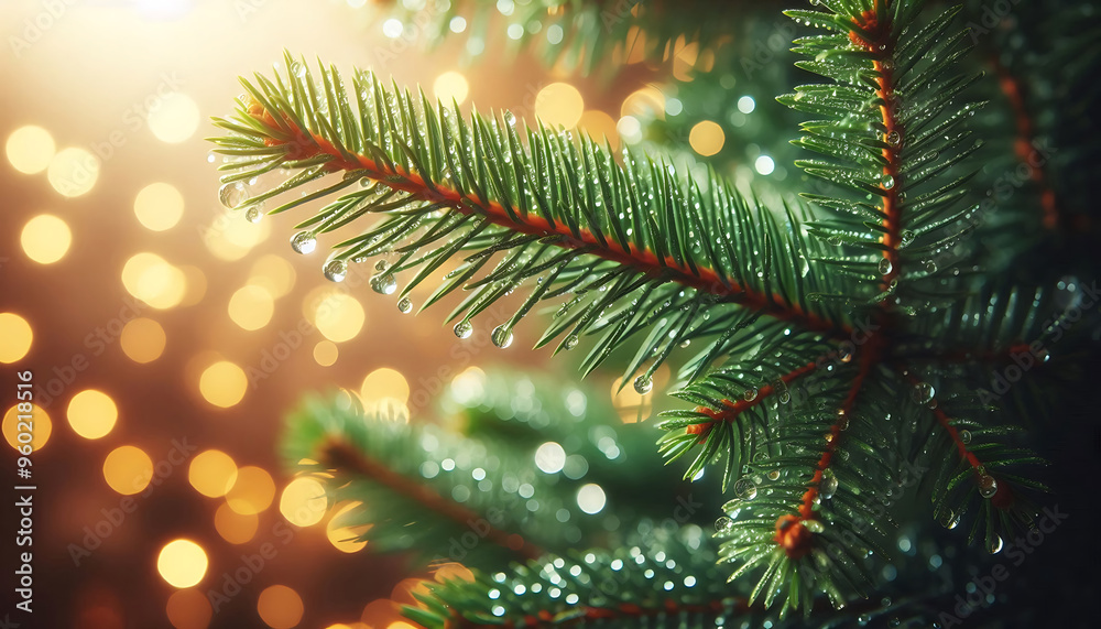 A pine tree branch with droplets of water showcasing vibrant green needles. The background features soft blurred bokeh lights in warm tones a festive atmosphere A pine tree branch with droplets of water showcasing vibrant green needles. The background features soft blurred bokeh lights in warm tones a festive atmosphere