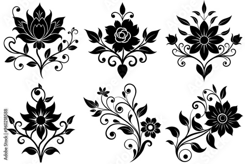 A set of black floral calligraphic element silhouettes