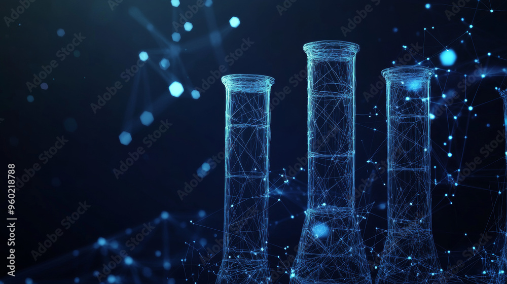 Vector illustration of test tubes in a low poly wireframe style against a dark background. The test tubes are depicted as a polygonal 3D model, composed of interconnected points, lines, and star-like Vector illustration of test tubes in a low poly wireframe style against a dark background. The test tubes are depicted as a polygonal 3D model, composed of interconnected points, lines, and star-like