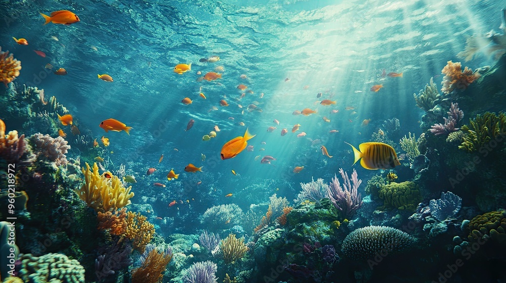 Seascape image of a shoal of vivid fish swimming through the blue ocean, coral gardens below, sunlight filtering through the water, highlighting the vibrant marine life Seascape image of a shoal of vivid fish swimming through the blue ocean, coral gardens below, sunlight filtering through the water, highlighting the vibrant marine life