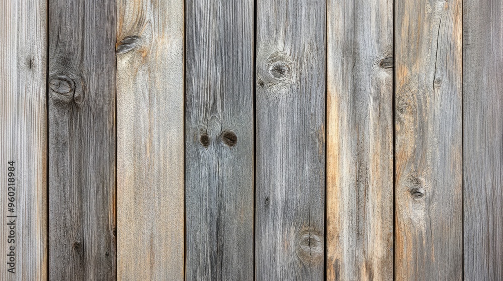 Naklejka premium Weathered gray wood planks, providing a rustic and vintage feel.