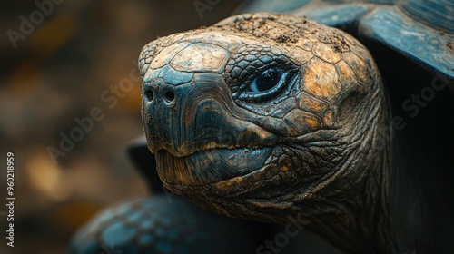 A close-up of a Galapagos tortoise's weathered shell and face, showcasing its ancient, wise appearance.