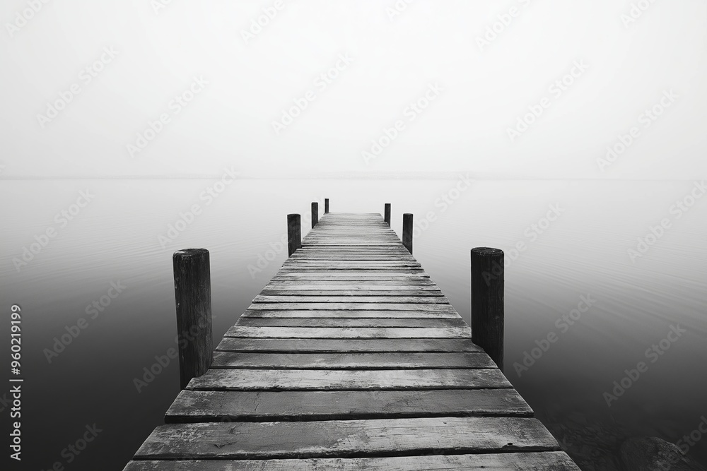A serene, misty image of a wooden pier extending into a calm lake, symbolizing peace and solitude in monochrome style. A serene, misty image of a wooden pier extending into a calm lake, symbolizing peace and solitude in monochrome style.