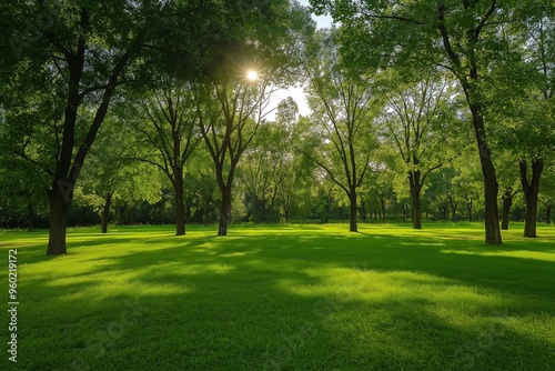 Sunlit lush green park with abundant trees creating a serene and relaxing atmosphere under the clear sky on a beautiful day.