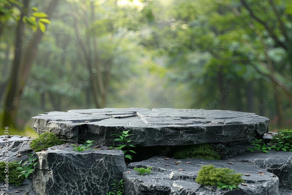 Stone podium on rock platform, grey rock pedestal for a product display stand, green forest and blurred on the background. AI generative Stone podium on rock platform, grey rock pedestal for a product display stand, green forest and blurred on the background. AI generative