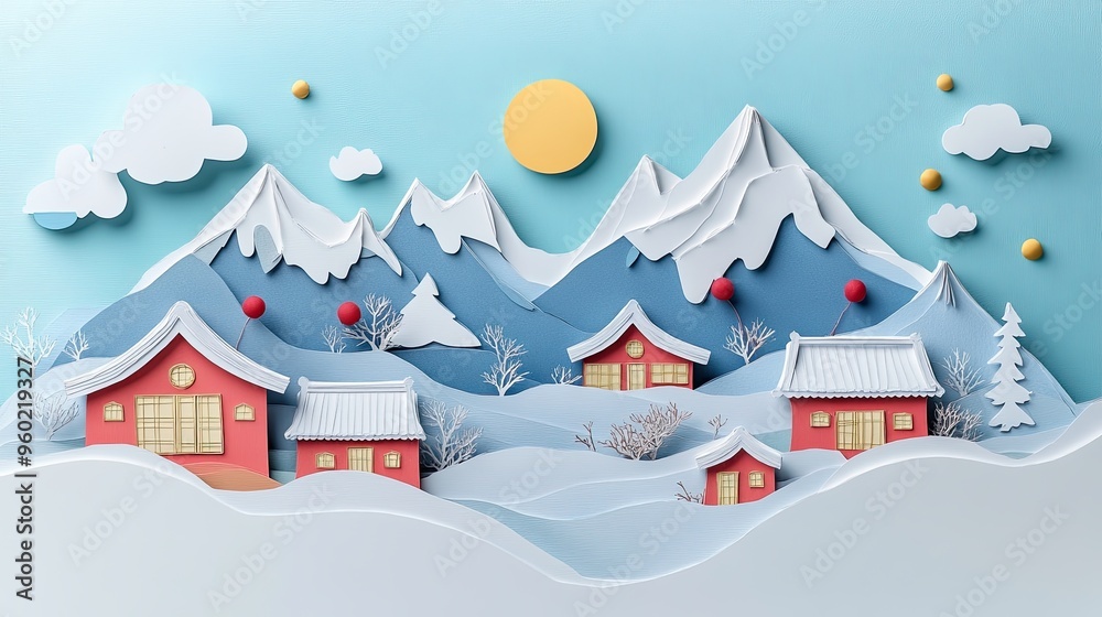50. A 3D paper art creation with a Korean-inspired winter landscape, showcasing snow-covered mountains, traditional houses, and festive elements. The design uses cool colors and detailed textures to 50. A 3D paper art creation with a Korean-inspired winter landscape, showcasing snow-covered mountains, traditional houses, and festive elements. The design uses cool colors and detailed textures to