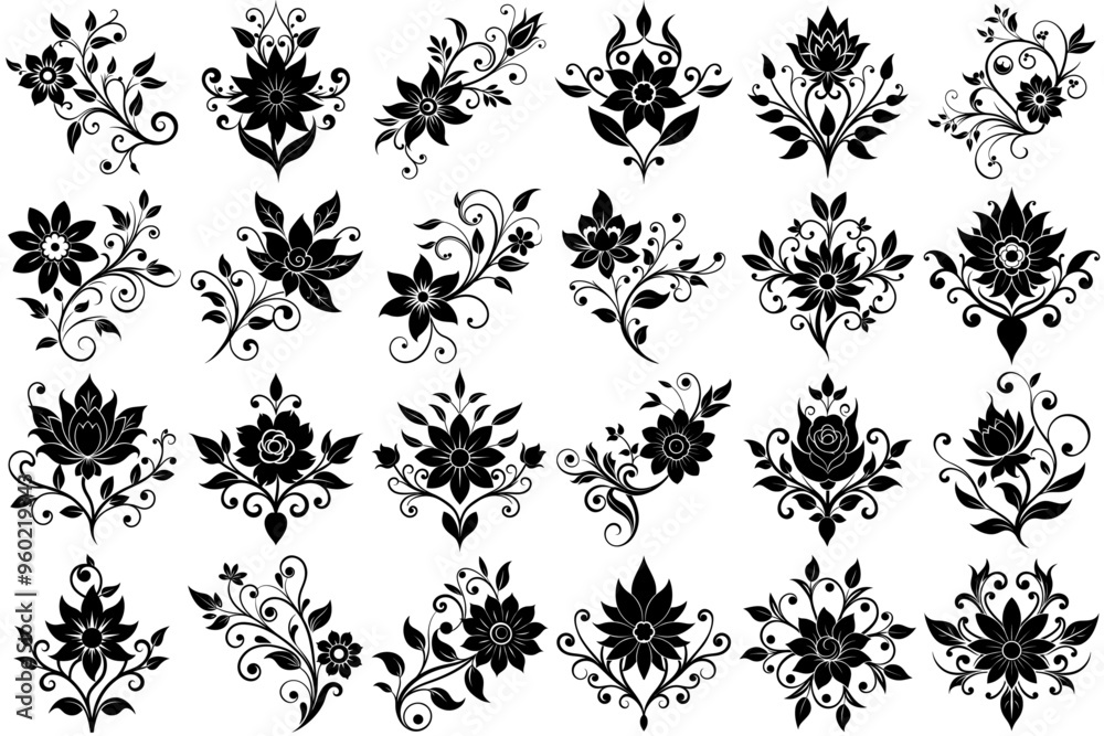 Fototapeta premium A set of black floral calligraphic element silhouettes