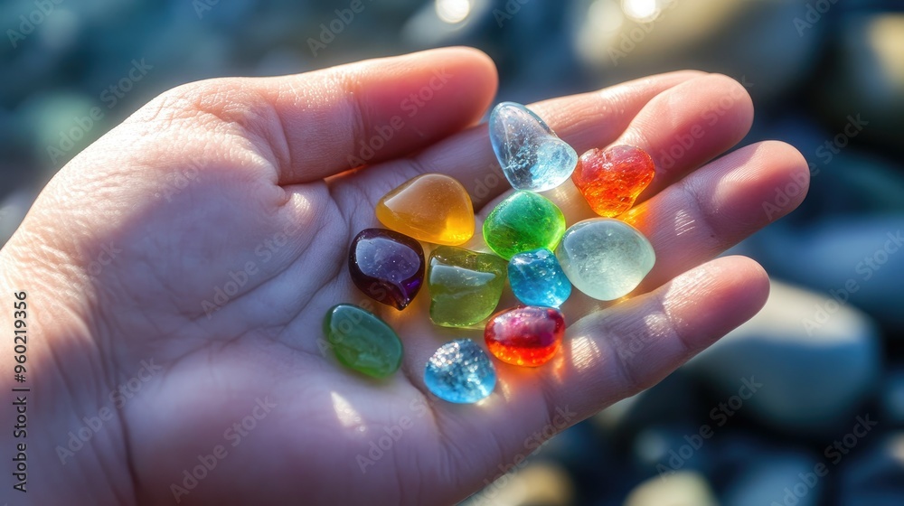 A close-up of a persons hand holding a handful of colorful sea glass on Glass Beach. A close-up of a persons hand holding a handful of colorful sea glass on Glass Beach.