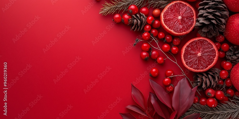 A vibrant and festive photograph featuring a red-themed composition with fruits, pine cones, and green branches, perfect for holiday themes.