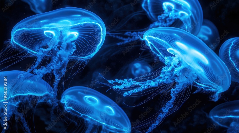 Obraz premium Surreal underwater scene featuring jellyfish illuminated in blue neon light, their delicate forms drifting in a dark, shadowy background