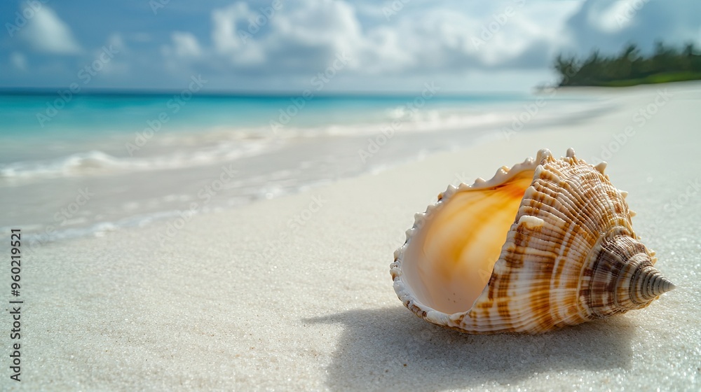 A close-up of a seashell lying on the white sand of a Mamanuca Island beach. A close-up of a seashell lying on the white sand of a Mamanuca Island beach.