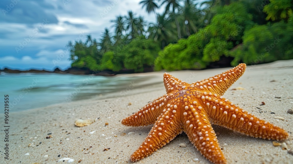 A close-up of a starfish lying on the sandy shore of a Mamanuca Island. A close-up of a starfish lying on the sandy shore of a Mamanuca Island.