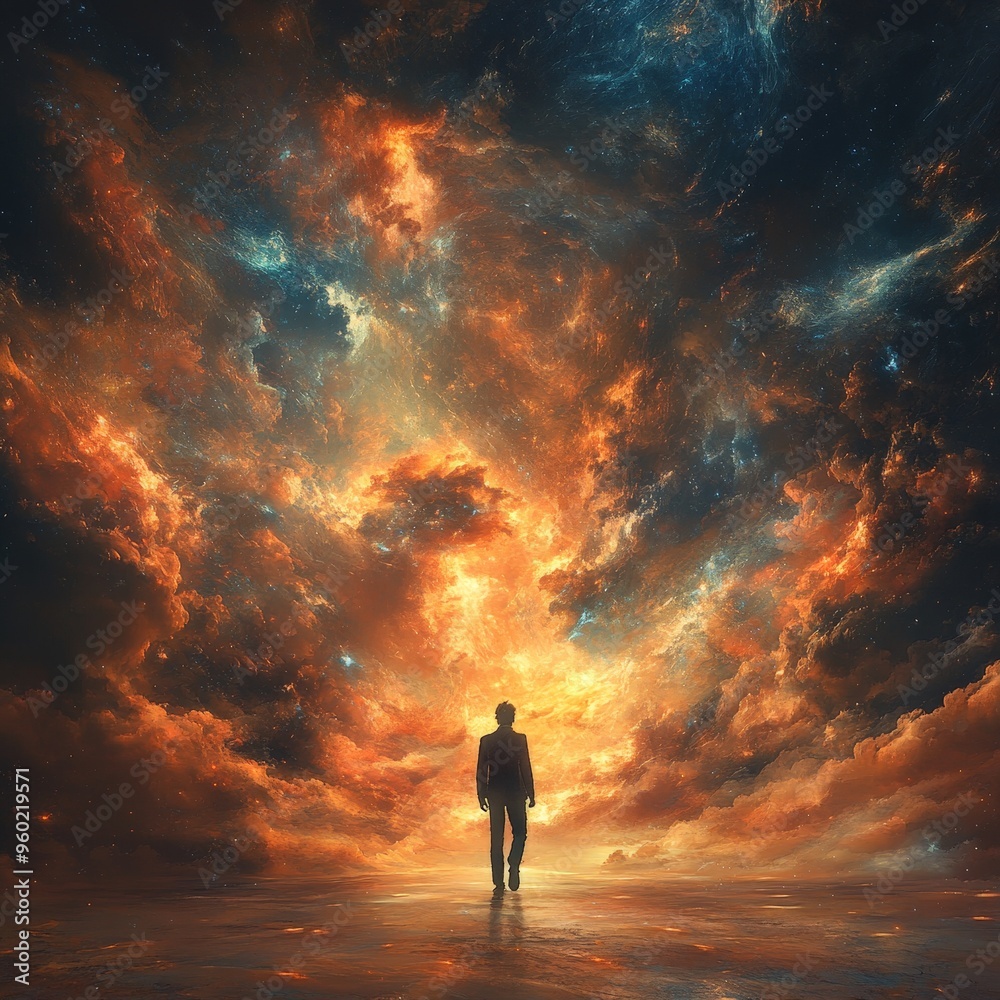 Fototapeta premium Man Standing Between Fiery Past and Serene Future