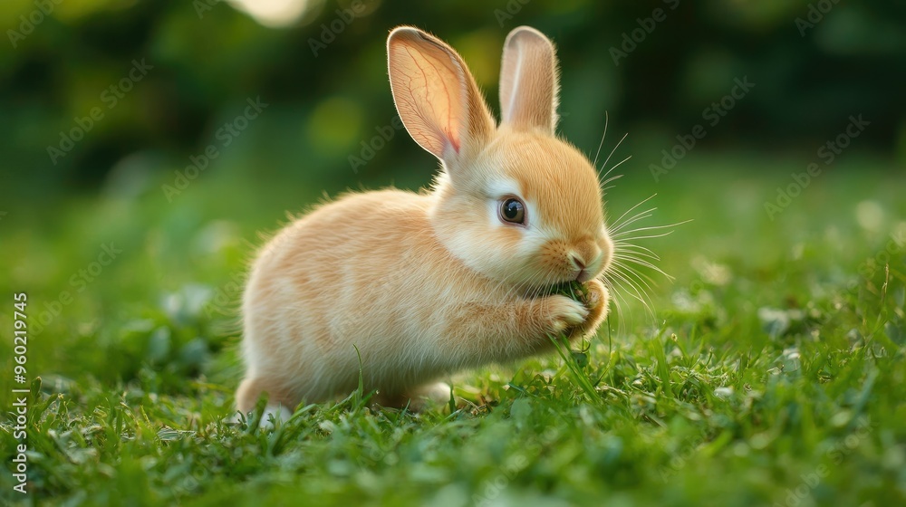 Tiny baby bunny hopping playfully and biting the grass in a green yard, highlighting its adorable behavior and making it a favorite pet choice Tiny baby bunny hopping playfully and biting the grass in a green yard, highlighting its adorable behavior and making it a favorite pet choice