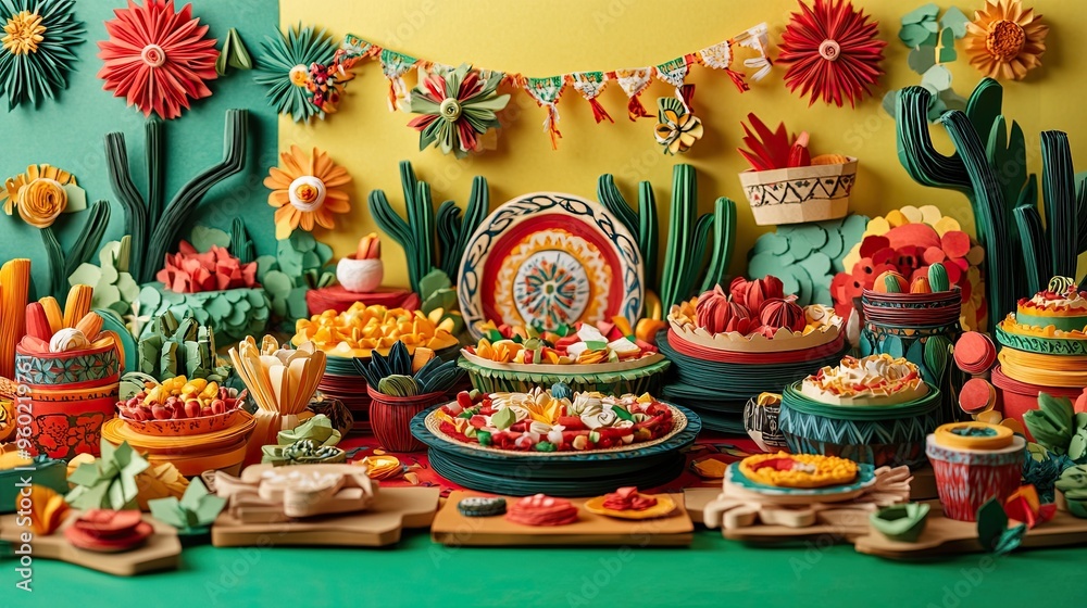 Fototapeta premium 45. A 3D paper art representation of Mexican traditional cuisine, showcasing vibrant paper-crafted dishes, colorful ingredients, and festive decorations. The design uses bright colors and intricate