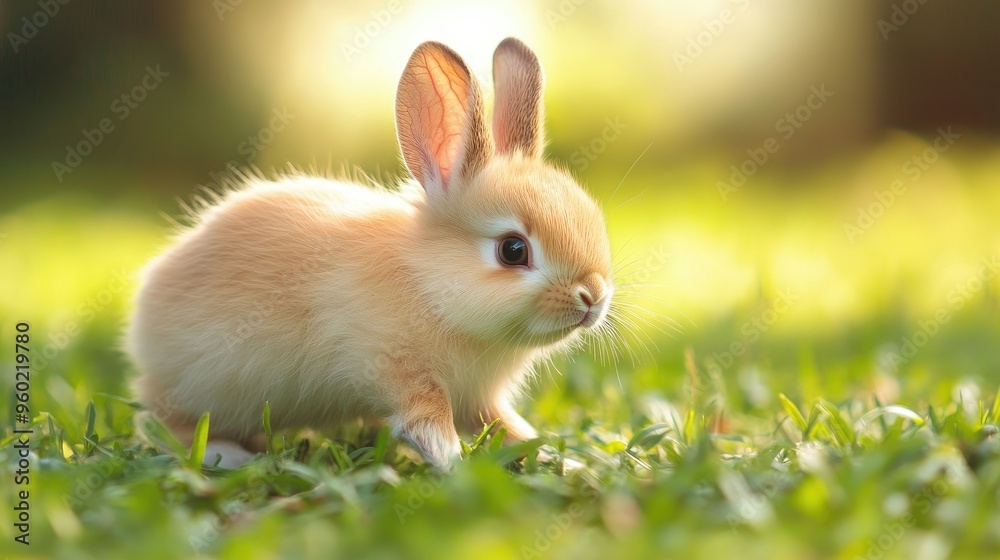 Tiny baby rabbit hopping in a lush green yard, pausing to bite the grass, capturing the adorable moments of this popular pet in action Tiny baby rabbit hopping in a lush green yard, pausing to bite the grass, capturing the adorable moments of this popular pet in action