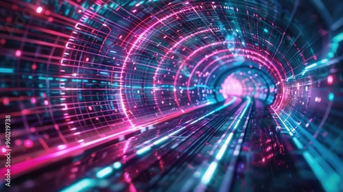 A vibrant digital tunnel filled with colorful light trails, creating a sense of speed and motion, perfect for futuristic themes.