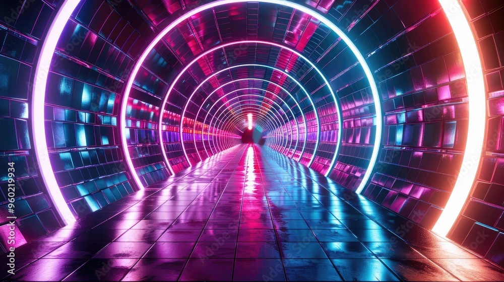 A vibrant tunnel illuminated with colorful neon lights, creating a futuristic and dynamic atmosphere for creative projects.
