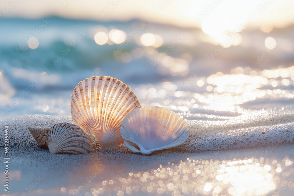 Three seashells are scattered on the sandy beach, glistening in the sunlight with the ocean waves in the background. Three seashells are scattered on the sandy beach, glistening in the sunlight with the ocean waves in the background.