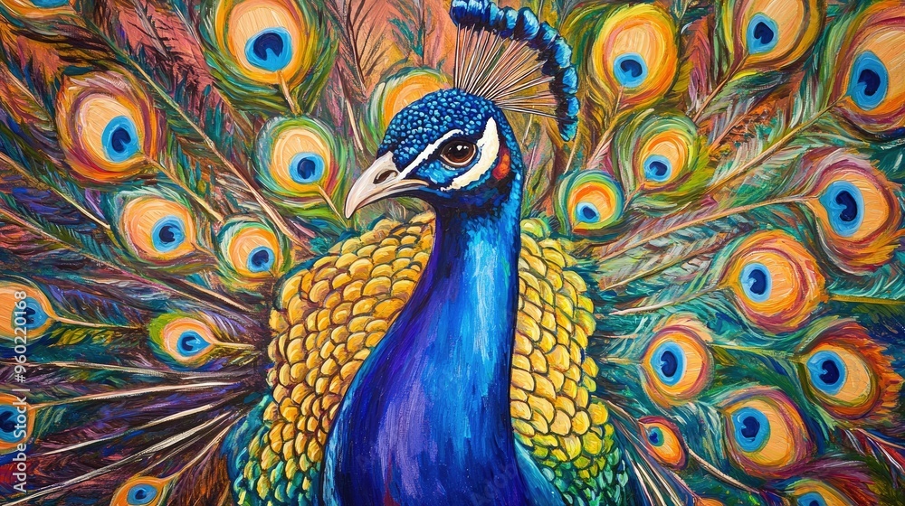 Fototapeta premium A close-up of a vibrant peacock displaying its colorful feathers.