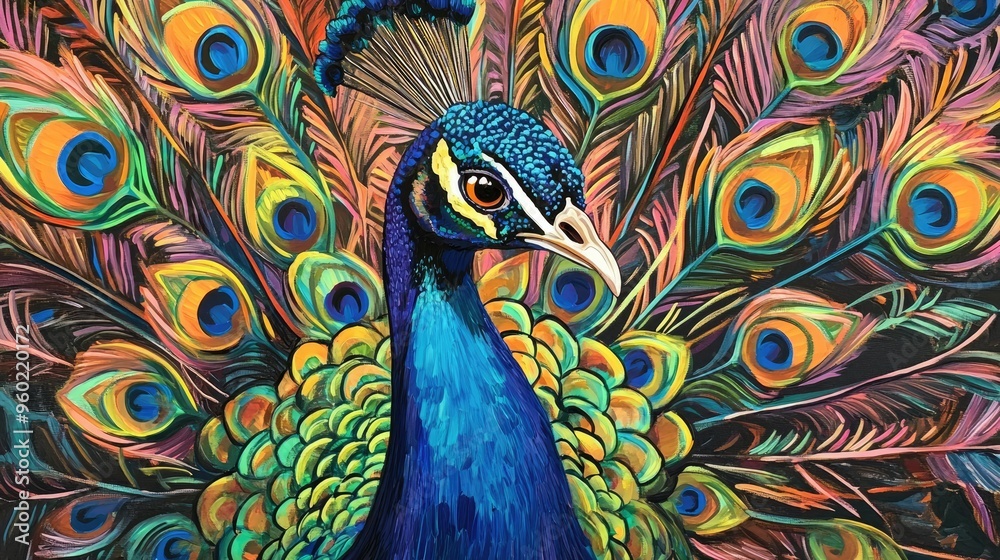 Fototapeta premium A close-up of a vibrant peacock displaying its colorful feathers.