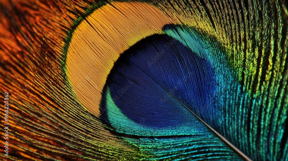 Obraz premium A close-up of a vibrant peacock feather with intricate patterns and colors.