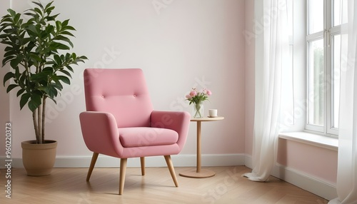 A pink upholstered armchair with wooden legs in a bright, minimalist room with large windows.