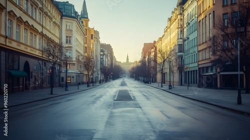 Empty Street in the City at Dawn.