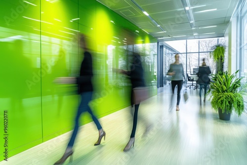 People moving through a vibrant green office environment, with a motion blur effect emphasizing the dynamic activity and open, modern workspace concept