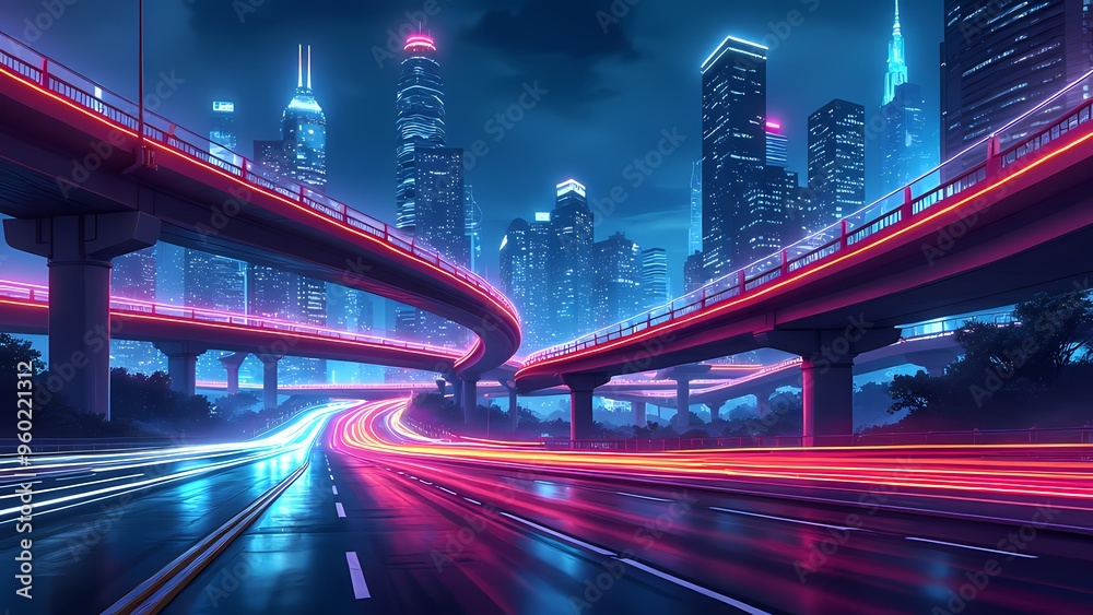 Fototapeta premium Futuristic Cityscape with Multi-Level Highways and Neon Trails