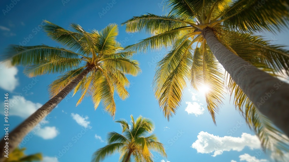 A close-up of palm trees swaying in the breeze on a beach in the Mamanuca Islands. A close-up of palm trees swaying in the breeze on a beach in the Mamanuca Islands.