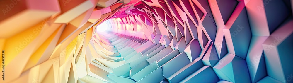 Obraz premium A vibrant, abstract tunnel with colorful geometric shapes creating a mesmerizing visual experience of depth and light.