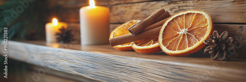 Natural elements and warm candlelight: dried oranges, cinnamon, and pinecones are paired with glowing candles, capturing the essence of rustic holiday coziness.