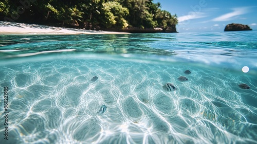 A close-up of the crystal-clear waters of the Mamanuca Islands with small fish swimming near the shore.