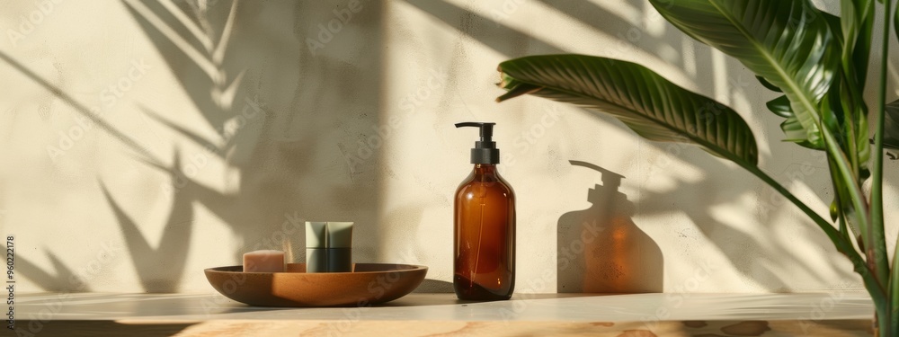 Fototapeta premium Natural skincare products in a serene setting with sunlight