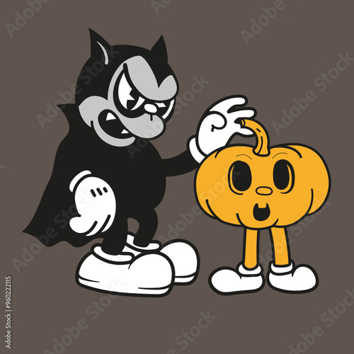 Halloween trendy retro cartoon characters. Illustration of scary vampire and scared halloween pumpkin. Editable EPS vector