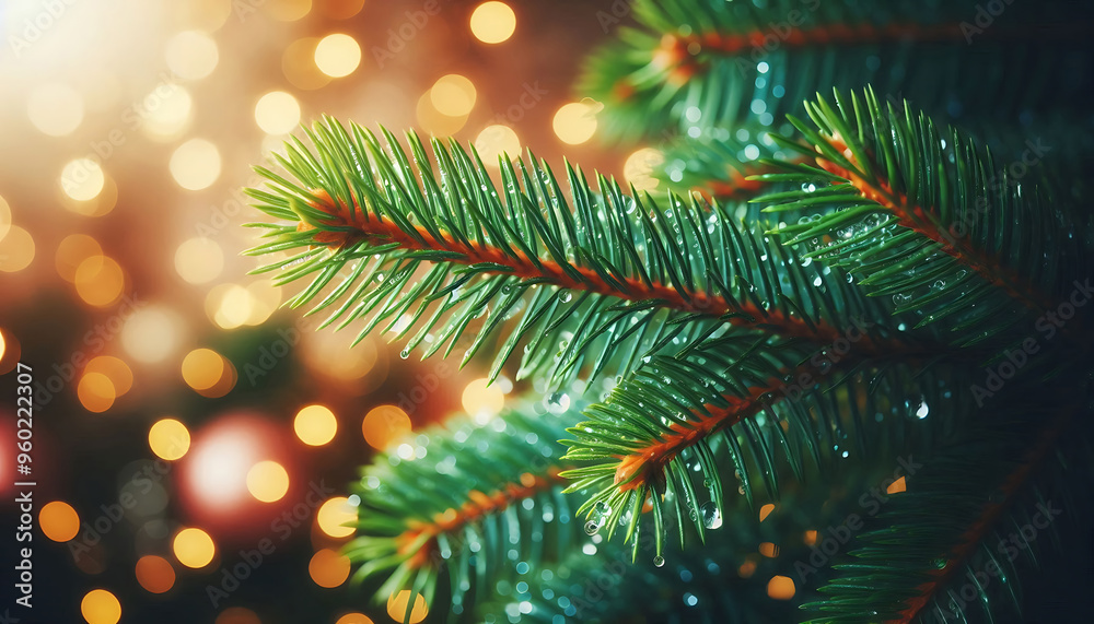 A pine tree branch with droplets of water showcasing vibrant green needles. The background features soft blurred bokeh lights in warm tones a festive atmosphere A pine tree branch with droplets of water showcasing vibrant green needles. The background features soft blurred bokeh lights in warm tones a festive atmosphere