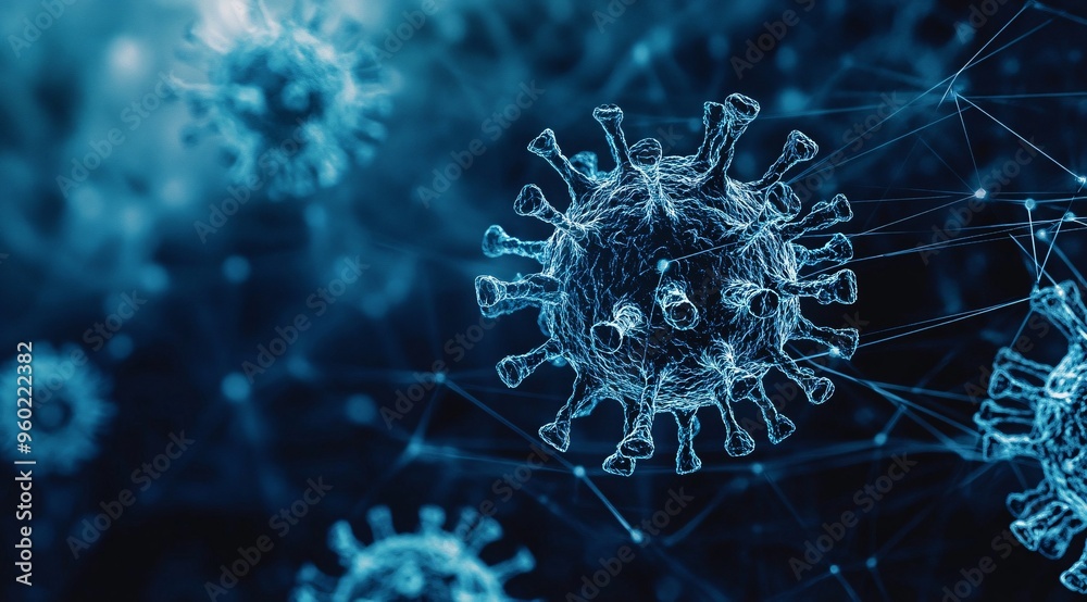 3D Illustration of Viruses in Blue Tones with Digital Network Connections 3D Illustration of Viruses in Blue Tones with Digital Network Connections