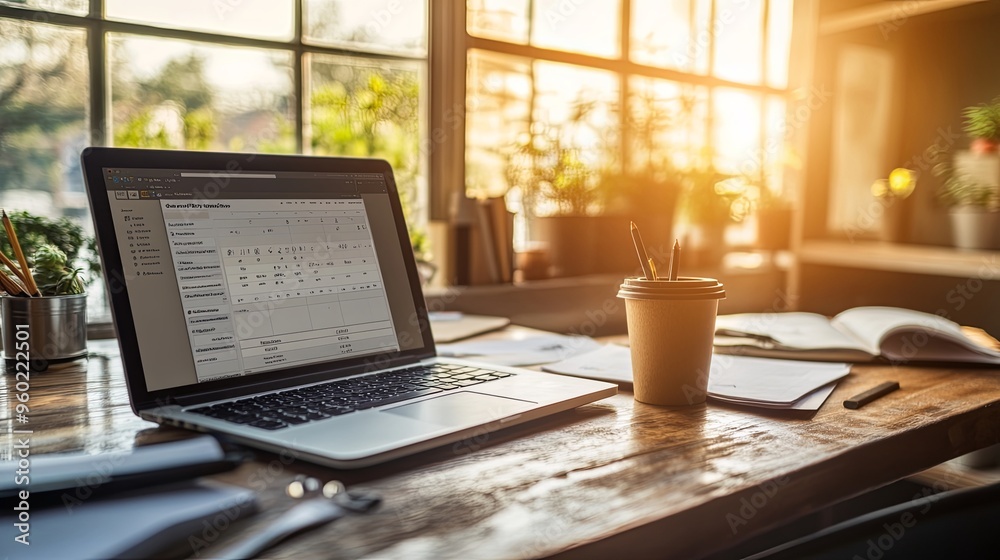Fototapeta premium Digital marketing concept featuring a laptop screen displaying a content marketing calendar, set within a digital nomad's workspace. 