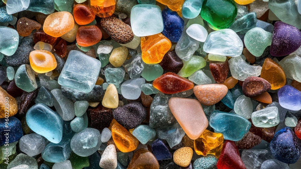 A close-up of the multicolored sea glass fragments on Glass Beach, arranged by size. A close-up of the multicolored sea glass fragments on Glass Beach, arranged by size.