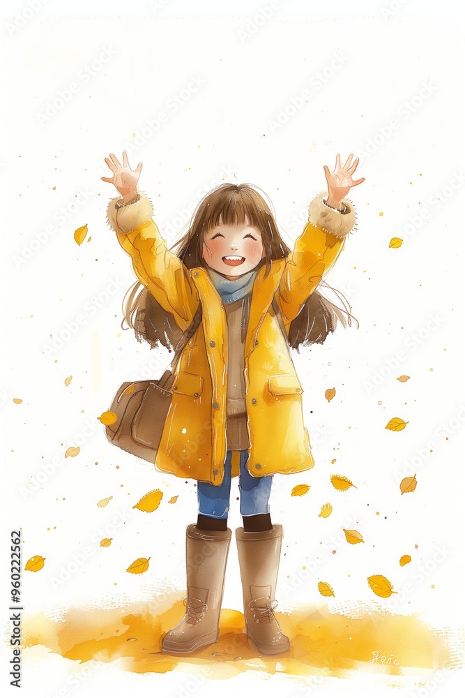 Joyful girl celebrating autumn in a yellow coat amidst falling leaves on a clear day Joyful girl celebrating autumn in a yellow coat amidst falling leaves on a clear day