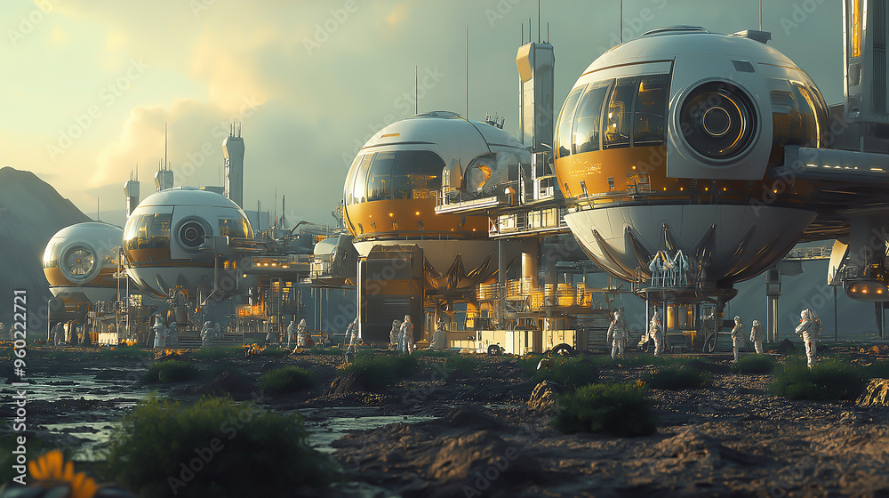 A modern space colony with advanced life support systems and robotic assistants A modern space colony with advanced life support systems and robotic assistants