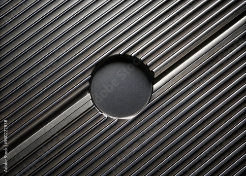 Close-up of a sleek metallic surface featuring parallel lines and a distinct circular indent, showcasing modern design.